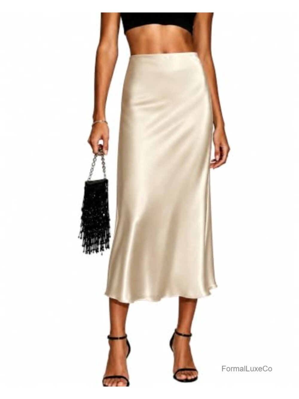 Satin A-Line Midi Skirt High Waist Flowy Fishtail Hem Women's